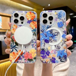 S24 Magnetiskt trådlöst laddningsblommor för Samsung S23 Ultra S22 iPhone 15 14 Plus 13 Pro Max 12 Fashion Hard PC IMD TPU Floral Magnet Clear Tranparent telefonomslag