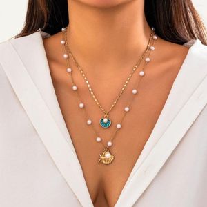 Hänghalsband Ingesight.z 2st/set Boho Natural Blue Scallop Starfish Women Summer Beach Imitation Pearl Link Chain Necklace