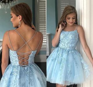 Gorgeous Light Blue Short Mini Cocktail Dresses A Line Criss Cross Spaghetti Straps A Line Homecoming Dress With Appliques Ruffles BC18304