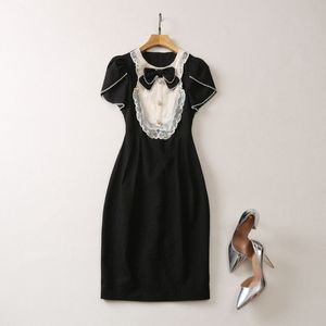 Summer Black Contrast Color Panel Dress Kort ärm Runda hals Rhinestone Long Maxi Casual Dresses S3W090505