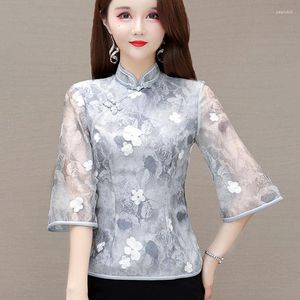 Этническая одежда Cheongsam, женские топы больших размеров, летняя мода 2023, шифоновые жаккардовые рубашки с вырезами в китайском стиле, рубашки Ципао в стиле ретро