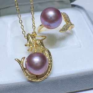 Necklace Earrings Set HABITOO Luxury Natural 10-11mm Purple Round Cultured Pearl Mermaid Cubic Zircon Pendant Ring Jewelry Drop