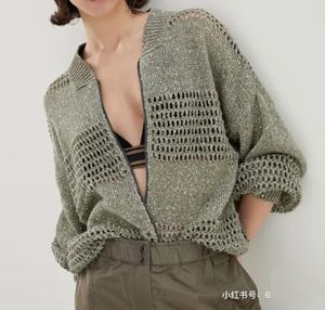 Women's Sweater European Fashion Brand Beaded linen yarn hollow zipper cardigan