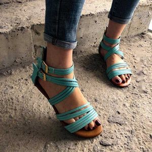 Сандалии сандалии сандалии, женщины летние римские туфли большие размеры повседневные плоские лодыжки платформы 230417