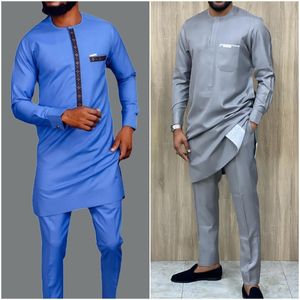 Mens Tracksuits African Wear For Suits Solid Color Simple Shirts and Pants 2PCS Sets Outfit Fashion Casual Wedding 230811