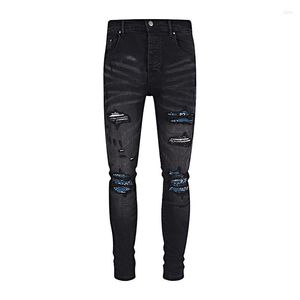 Mäns jeans köper mx1 nödställda monterade smala fit svart lyxig mager stretch denim oroande förstörda ribs lappar hål byxor