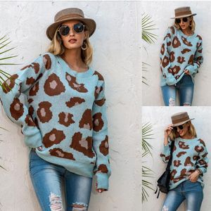 Women's Sweaters 2023 Autumn Leopard Print Round Neck Sweater Loose Pullover