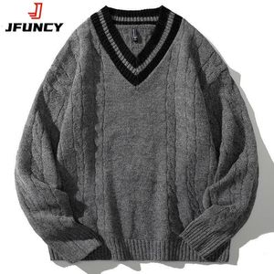 Men's Sweaters JFUNCY Mens Winter Knitted Sweaters Oversized Male Black Pullover V Neck Jumpers Men's Vintage Striped Knitwear Men Clothing 230810