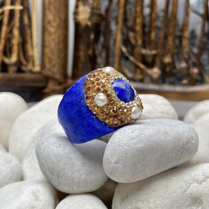 Bröllopsringar europeiska och amerikanska stil lapis lazuli pärla inlagd ringarmband set damer personlighet enkla och eleganta smycken 230810