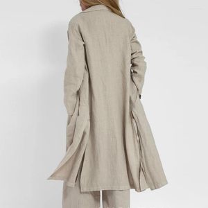 Women's Trench Coats Fashion Casual Cotton Linen Long Suit Blazer Elegant Nothed Collar Pocket Outerwear Spring Autumn Long-Sleeved Slim
