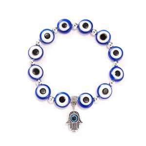 Vintage Silver Plated Fatima Hand Charm Armband Flat Round Evil Eye Stretch Armband smycken