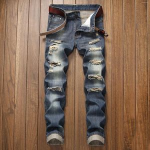 Mäns jeans 2023 Lätt färg Rippad denim Hål förstörde män Regelbundet Fit rakt tidvattenmärke Thin Pants Stor storlek