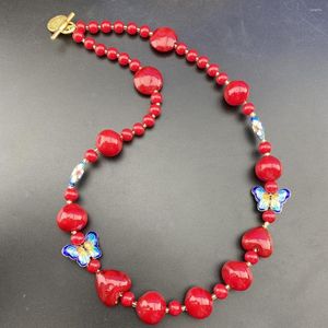Kedjor 2023 Middle Vintage Retro Fashion Pending Butterfly Emamel Glaze Craft Red Glazed Bead Halsband