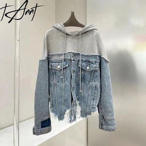 Women's Hoodies Sweatshirts Tannt Women Denim Patchwork Asymmetry Sweater Coats Irregular Holes Hooded Blue For 2023 230810