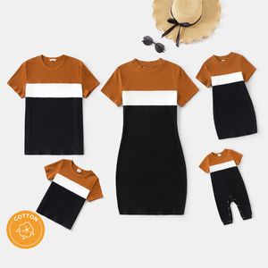 Family Matching Outfits Family Matching Outfits Cotton Short-sleeve Colorblock Knit Mock Neck Bodycon Dresses and Tops Short-sleeve Tee Sets