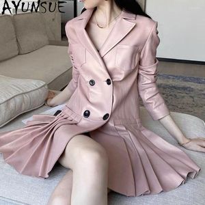 Casual Dresses AYUNSUE Genuine Sheepskin Leather For Womens Jacket Women's Clothing Elegant Jackets Women Pleated Dress