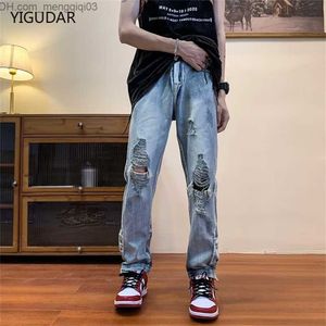 I jeans maschili abbattono i jeans per gli uomini gay estate 2022 Nuovi pantaloni di strada dritti sciolti Korean Trend Capris Hip Hop Street Pants Z230814