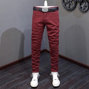 Мужские джинсы модельер -дизайнер мужчина высококачественная винная красная эластичная растяжка Slim Fit Винтажные брюки повседневные джинсовые штаны Hombre