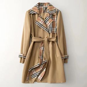 Womens 23FW Designer Coat European and American Check Style Fashion ing Fake Two Loose Woman Mid-Length Trench Coats s