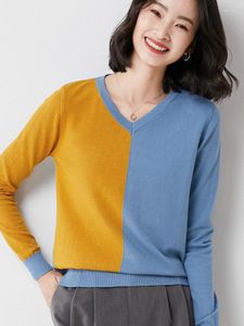 Kvinnors tröjor tunna lösa tidiga höststil koreansk version kontrastfärg ull långärmad blus v-hals tröja päls 60119