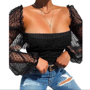 Fashion Women T-Shirt Multicolor Square Neck Slim Fit Mesh Perspective Lace Top Autumn Winter New SU2186