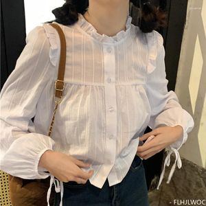 Bluzki damskie bawełniane krótkie eleganckie topy jesienne jesienne długie rękaw słodkie słodkie dziewczyny Japonia Korea Ruffles Bluzka Kobiety retro przycisk biały podstawa