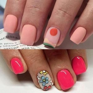 False Nails 24pcs Short Round French Moody Sunset Manga Flower Full Cover Detachable Nail Tips