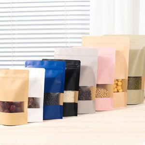 Large Colored Kraft Paper Clear Window Self seal Bag Doypack Self Sealing Ground Coffee Tea Socks Gifts Pack Bags LX6027