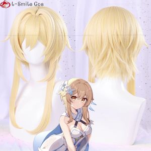 Косплей -парики игра Genshin Impact Traveler Lumine Cosplay Wig Long Golden Hair с цветочной шпилькой для теплостойких синтетических париков Sygs 230810