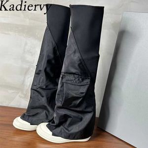 Stiefel schwarze Knie hohe Stiefel Frauen runde Zehen dicke Sohle Hosen Boots Tasche Militärschuhe Frauen lässig flache Lange Ritterstiefel Frau J230811