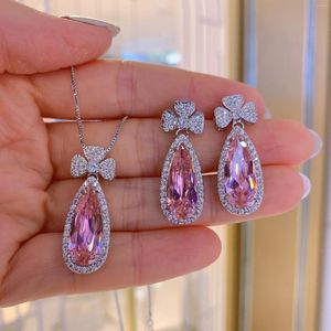 Stud Earrings European And American Pink Diamond Pendant Pear Shaped Necklace Fashionable Temperament Set Women's Engagement Jewelry