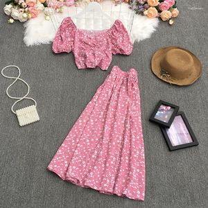 Work Dresses Summer Fashion Youth Age-reducing Suit Women's Printed One-word Collar Short Top High Waist Slimming Skirt Two-piece Set