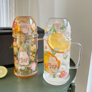 Water Bottles Kawaii Bunny Glass Tea Pot 1000ml Large Teapot Cute Clear Portable Fruit Juice Flower Cold Heat Resistant Kettle Gift 230810