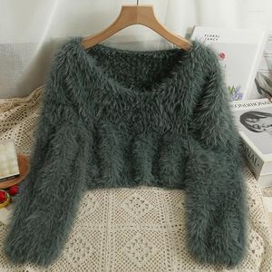 Women's Sweaters Faux Fur Hair Warm Crop Sweater Lady Autumn Winter Solid Color Long Sleeve V Neck Fuzzy Loose Pullover Short Jumper