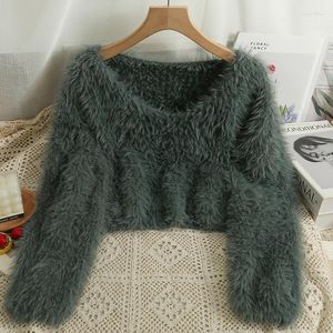 Kvinnors tröjor faux päls hår varm skörd tröja lady hösten vinter fast färg långärmad v hals fuzzy lös pullover kort jumper