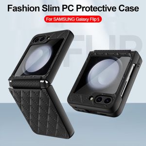 Mode Slim för Samsung Galaxy Flip 5 Case PC Leather Soft Hinge Military Lens Protection Cover