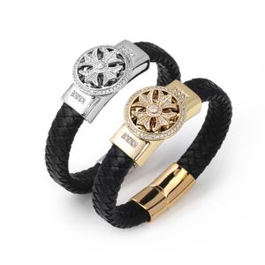 Cool Micro Pave Stainless Steel Cross Charm Bracelet Handmade Leather Bracelets Jewelry for Men Gift