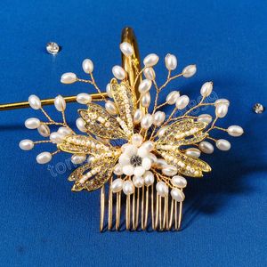 Golden Floral Hair Comb Hairpin Pearl Crystal Side Pin Girls Birthday Party Headwear Charm Wedding Crown Bride Jewelry Tiaras