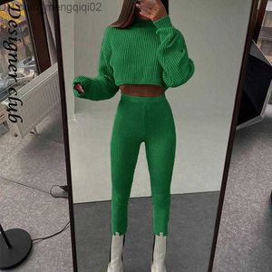 Women's Sweaters Women's two-piece autumn and winter knitted pants set casual long sleeved navy neck sweater tight pants Z230811