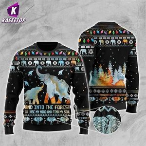 Męskie swetry mężczyźni kobiety w lesie Elephant brzydkie Boże Narodzenie Szczęśliwy dzianina z długim rękawem Skoczki 3D Crewneck bluza 230810