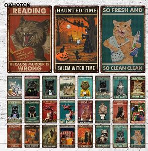 Retro Cat Reading Book Plakat Zabawny inspirujący czarny kot metalowy znak blaszany sztuka do kawiarni mieszka