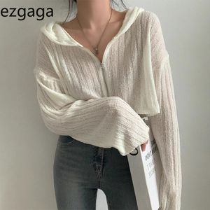 Kvinnors stickor Tees Ezgaga Sticked Cardigan Women Chic Autumn 2023 Hooded dragkedja beskuren tröja utkläder Solid Loose Stretch Fashion Ladies Tops 230810