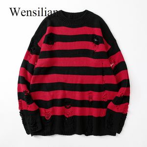 Herrtröjor Black Stripe förstörde rippade tröja Kvinnor Pullover Hole Knit Jumpers Overdimensionerade sweatshirt Harajuku Long Sleeve Tops 230811