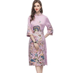 Women's Runway Dresses Mandarin Collar Embroidery Split Elegant Vintage Vestidos