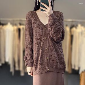 Women's Knits 2023 Spring Cotton Sweater V-neck Casual Hollow Cardigan Loose Korean Top Knitted Fashion Jacket