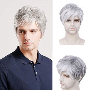 Cosplay شعر مستعار Gres Men White Gray Ombre Wigs على غرار الأزياء تنفس الإنسان الشعر الاصطناعي الطبيعي القصير