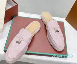 Summer Charms embellished Walk suede slippers Mules shoes Genuine leather casual slip on flats for women Luxury Designers flat shoe factory footwear