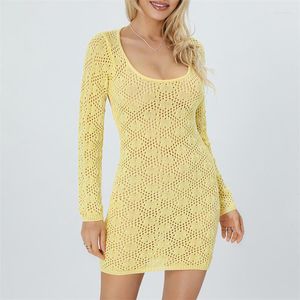 Casual Dresses Women Knitted Crochet Bodycon Yellow Long Sleeve Scoop Neck Tie-up Open Back Slim Cutout See Through Dress Beach Street