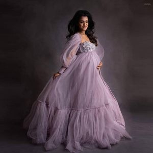 Casual Dresses Light Purple Sweetheart Beads Flowers Pregnant Women Dress Elegant Puff Long Sleeves Tulle A Line Maternity Gowns To Po Shoot