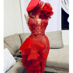 Verklig bild röd spets sexig knä längd cocktail klänningar en axel sexig prom klänningar tyll 3d blomma rufsform formell festklänning